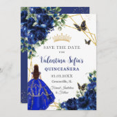 Chic Royal Blue Flowers Princess Gold Quinceañera Save The Date (Vorne/Hinten)