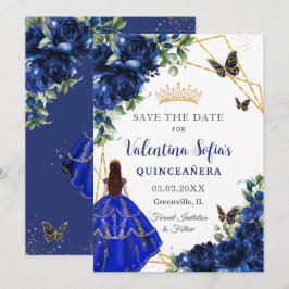 Chic Royal Blue Flowers Princess Gold Quinceañera Save The Date