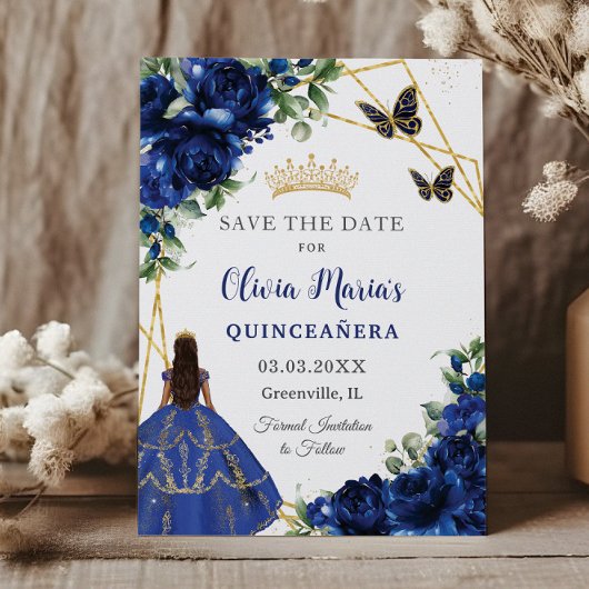 Chic Royal Blue Flowers Princess Quinceañera Save The Date