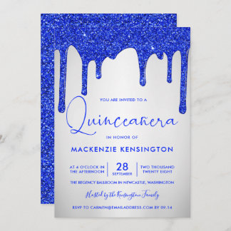 Chic Royal Blue Glitzer Tropfen Silver Quinceañera Einladung