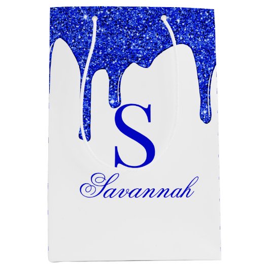 Chic Royal Blue Glitzer Tropfens Sparkle Monogram Mittlere Geschenktüte (Vorderseite)