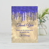 Chic Royal Blue Gold Glitzer Tropfen danke Karte (Stehend Vorderseite)