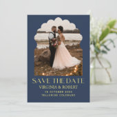 Chic Royal Blue Navy Save the Date Foto Wedding Einladung (Stehend Vorderseite)