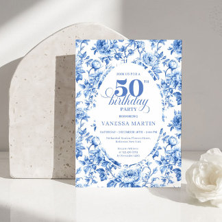 Chic Royal Blue Toile de Jouy 50th Birthday Invite Einladung