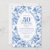 Chic Royal Blue Toile de Jouy 50th Birthday Invite Einladung (Vorderseite)
