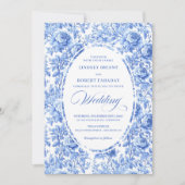 Chic Royal Blue Toile Floral Wedding Invitation Einladung (Vorderseite)