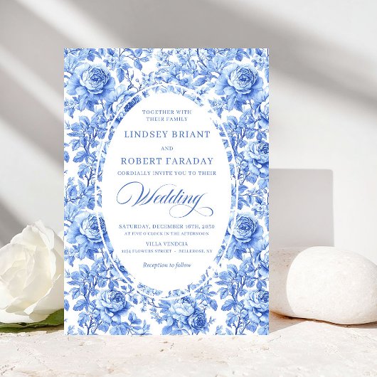 Chic Royal Blue Toile Floral Wedding Invitation Einladung