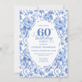 Chic Royal Blue Toile Roses 60th Birthday Invite Einladung (Vorderseite)