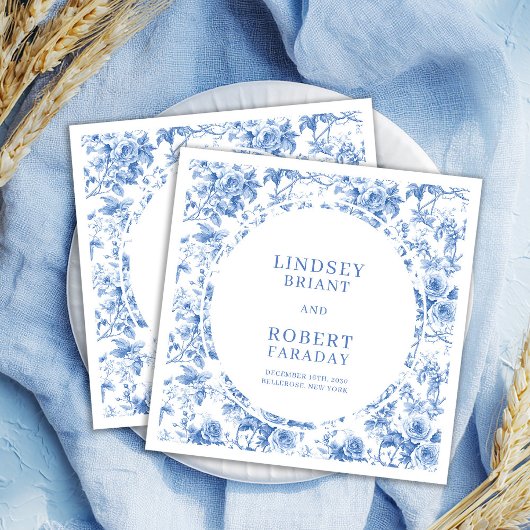 Chic Royal Blue Toile Roses Personalized Wedding Serviette