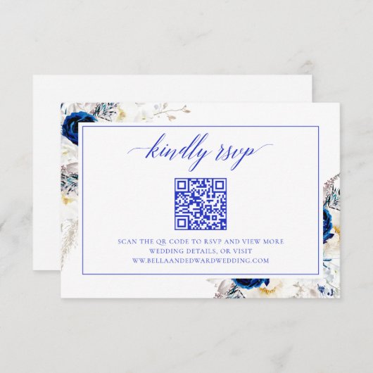 Chic Royal Blue Wedding Website UAWG QR Code Card Dankeskarte (Vorne/Hinten)
