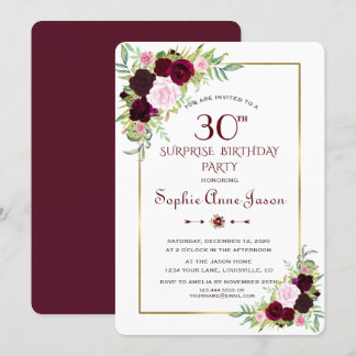 Chic Royal Burgundy Marsala Floral 30. Geburtstag Einladung
