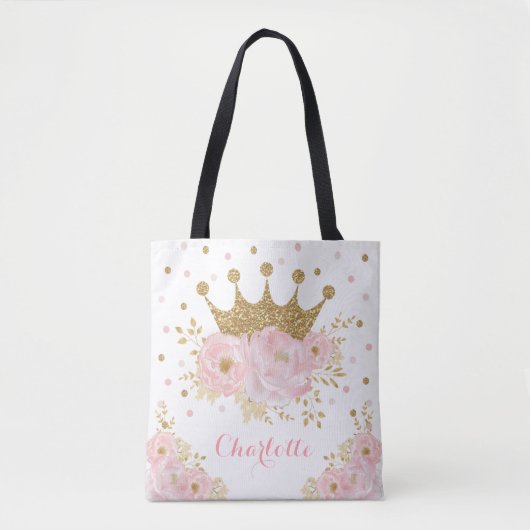 Chic Royal Gold Crown + Blush Pink Floral Prinzess Tasche (Vorderseite)