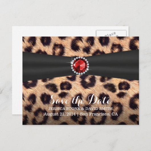 Chic Ruby Gemstone Leopard Print Save the Date Ankündigungspostkarte (Vorne/Hinten)