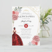 Chic Ruby Red Floral Geometric Foto Quinceañera Einladung (Stehend Vorderseite)