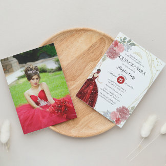 Chic Ruby Red Floral Geometric Foto Quinceañera Einladung