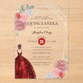 Chic Ruby Red Floral Geometric Quinceañera Acryleinladungen (Vorderseite)