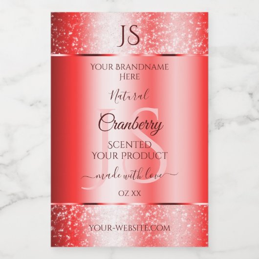 Chic Ruby Red Soft Glitzer Product Labels Monogram Lebensmitteletikett (Einzelnes Label)