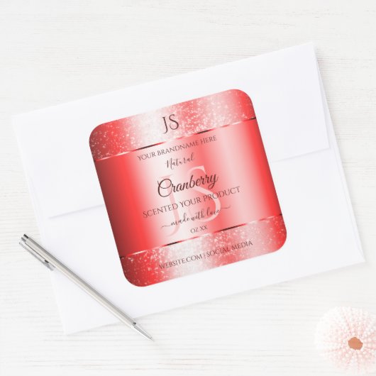 Chic Ruby Red Soft Glitzer Product Labels Monogram Quadratischer Aufkleber (Umschlag)