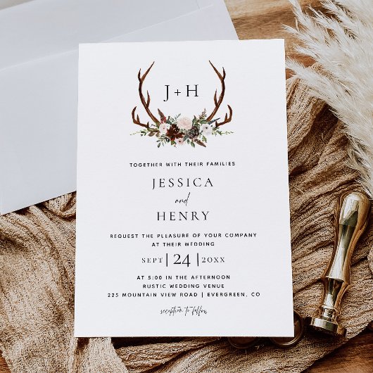 Chic Rustic Antlers Boho Wedding Einladung
