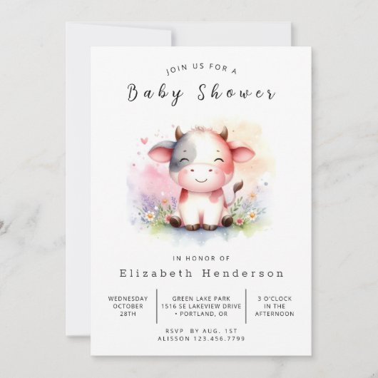 Chic Rustic Barn Cow Baby Dusche Einladung (Vorderseite)