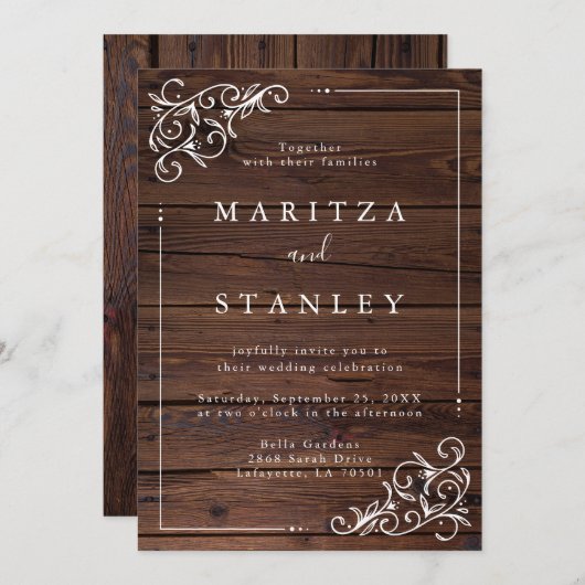 Chic Rustic Barn Woodsy White Script Wedding Einladung (Vorne/Hinten)