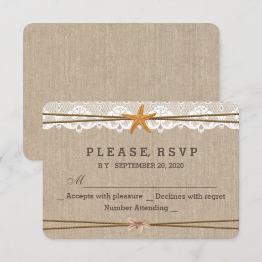 Chic Rustic Beach Starfish Lace Wedding RSVP (Vorne/Hinten)
