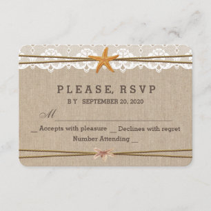 Chic Rustic Beach Starfish Lace Wedding RSVP Karte