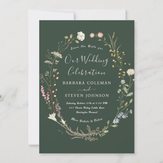 Chic Rustic Boho Wildblume Forest Green Wedding Einladung (Vorderseite)