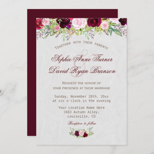 Chic Rustic Burgundy Marsala Floral Wedding Einladung (Vorne/Hinten)