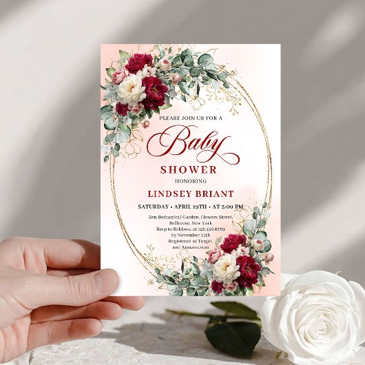 Chic Rustic Burgundy Peony Gold Baby Shower Invite Einladung