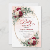 Chic Rustic Burgundy Peony Gold Baby Shower Invite Einladung (Vorderseite)