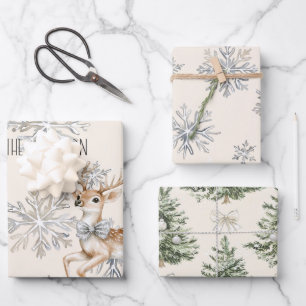 Chic Rustic Christmas Cream Deer Snowflakes Geschenkpapier Set