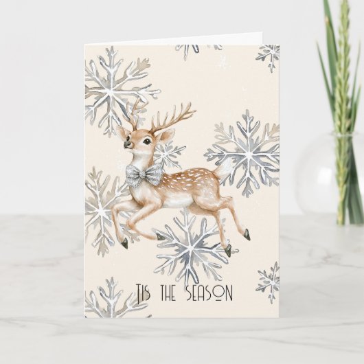 Chic Rustic Christmas Cream Deer Snowflakes Karte (Vorderseite)