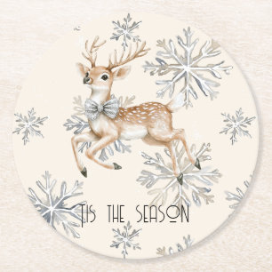 Chic Rustic Christmas Cream Deer Snowflakes Runder Pappuntersetzer