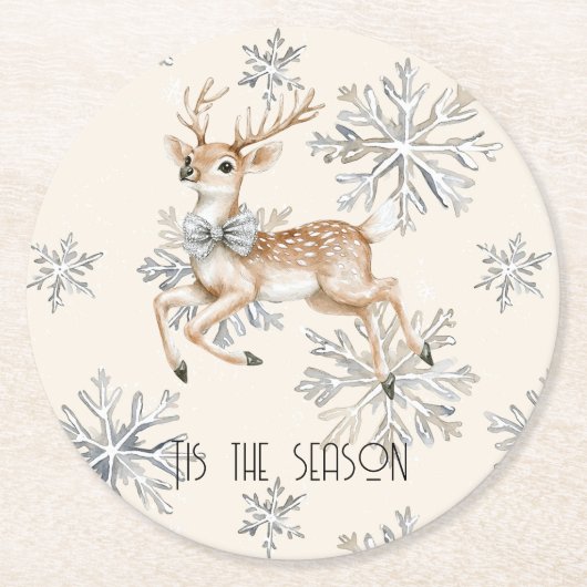 Chic Rustic Christmas Cream Deer Snowflakes Runder Pappuntersetzer (Vorderseite)