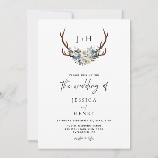 Chic Rustic Floral Antlers QR Code Hochzeit Einladung (Vorderseite)
