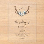 Chic Rustic Floral Antlers Wedding Acryleinladungen (Vorderseite)