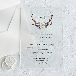 Chic Rustic Floral Stag Antlers Wedding Acryleinladungen