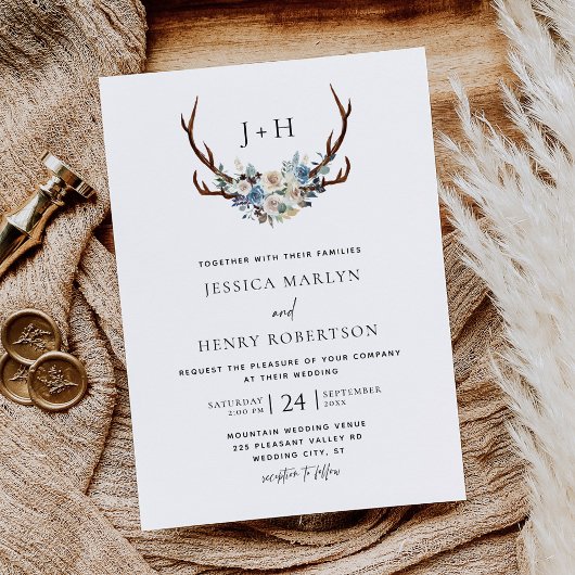 Chic Rustic Floral Stag Antlers Wedding Einladung