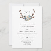 Chic Rustic Floral Stag Antlers Wedding Einladung (Vorderseite)