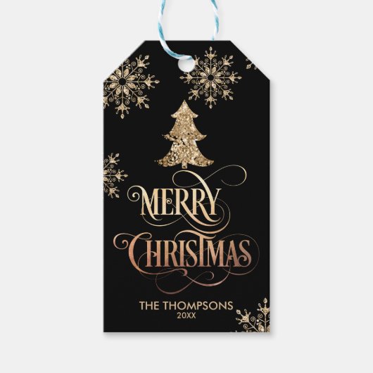 Chic Rustic Glitzer Weihnachtsbaum Frohe Weihnacht Geschenkanhänger (Vorderseite)