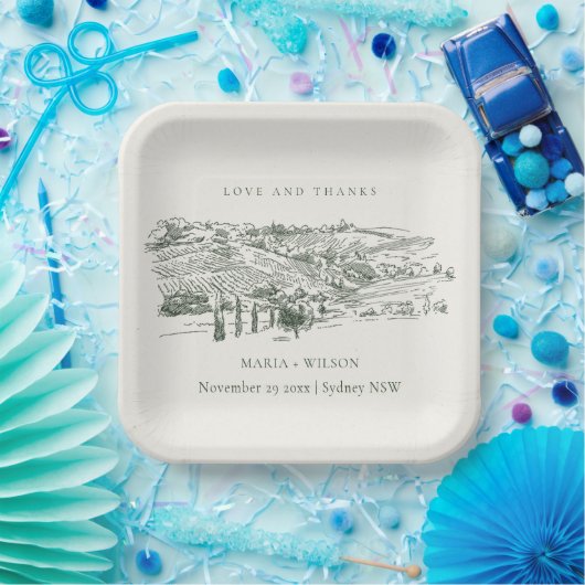 Chic Rustic Green Winery Sketch Hochzeit Pappteller (Party)