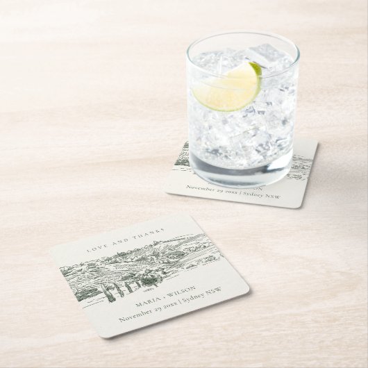 Chic Rustic Green Winery Sketch Hochzeit Rechteckiger Pappuntersetzer (Vor Ort)