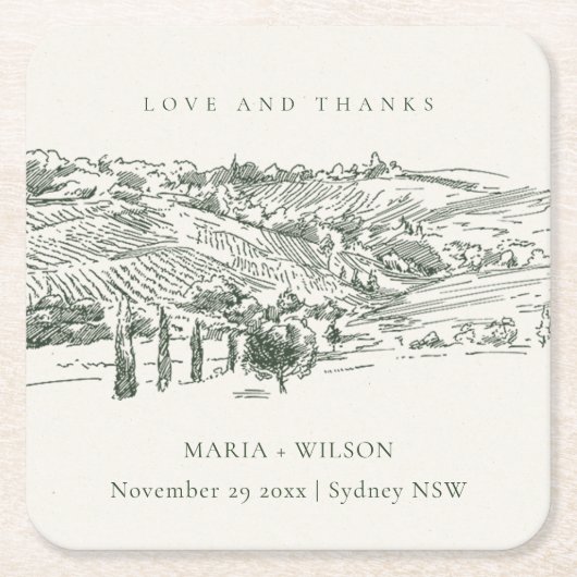 Chic Rustic Green Winery Sketch Hochzeit Rechteckiger Pappuntersetzer (Vorderseite)