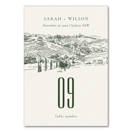 Chic Rustic Green Winery Sketch Hochzeit Tischnummer (Vorderseite)
