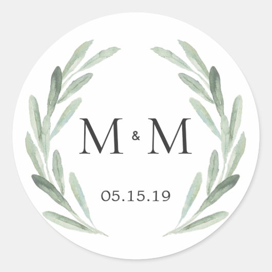 Chic & Rustic Green Wreath Monogram Wedding Gevor Runder Aufkleber (Vorderseite)