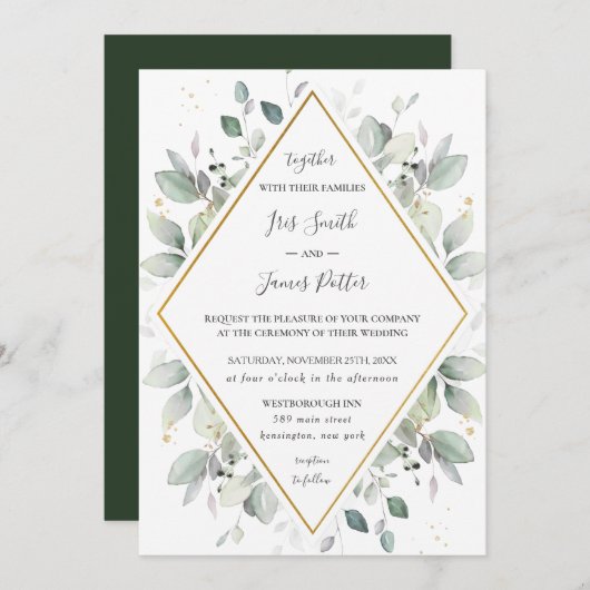 Chic Rustic Greenerie Gold Green Foliage Hochzeit Einladung (Vorne/Hinten)