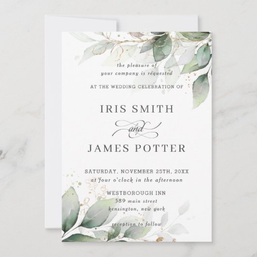 Chic Rustic Greenery Leafy Foliage Gold Wedding Einladung (Vorderseite)