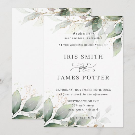 Chic Rustic Greenery Leafy Foliage Gold Wedding Einladung (Vorne/Hinten)