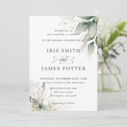 Chic Rustic Greenery Leafy Foliage Wedding Einladung (Stehend Vorderseite)